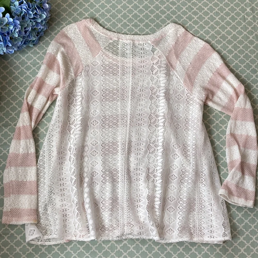 Le Lis Stripe Crewneck Sweater Lace Blouse L